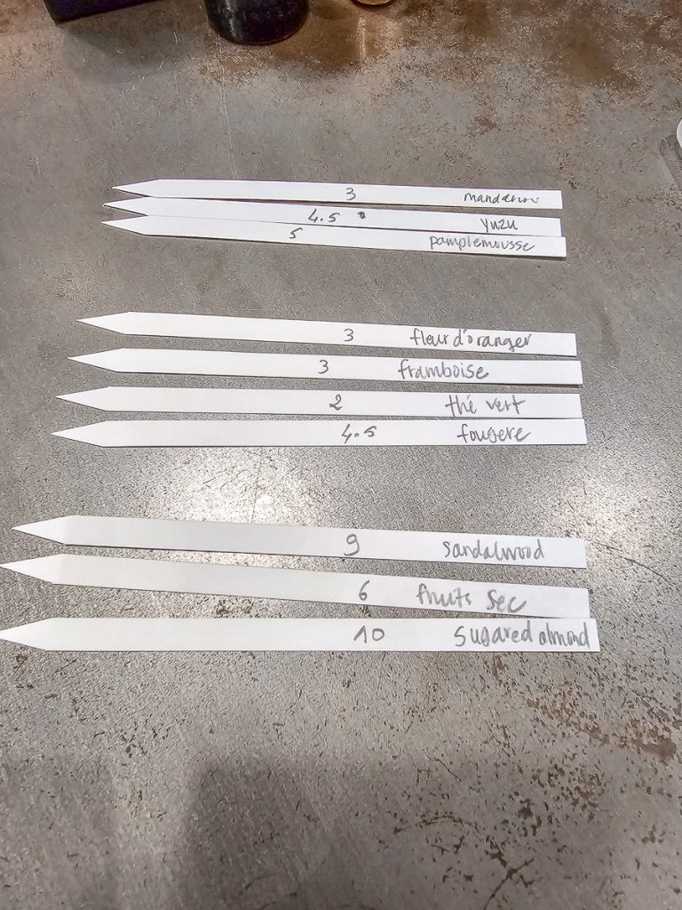 A small thin piece of paper with a scent and amount written on the papper