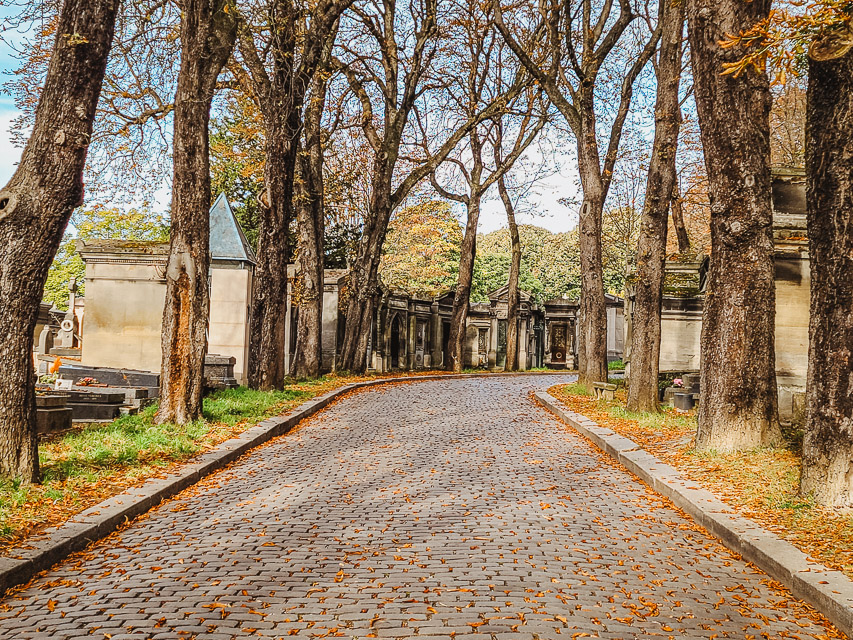 Trees line a cobblestoned lane with some above ground tombs also lining the path. 